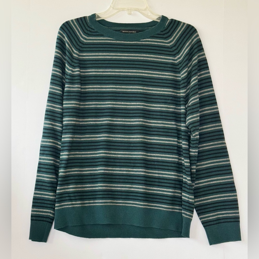 Banana Republic Luxe Crew Neck Sweater - Stripe, Teal/Black/Grey - Size L